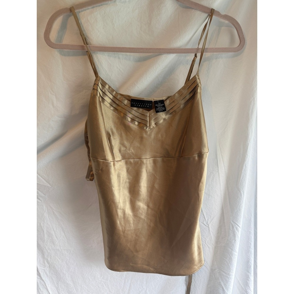 Apostrophe Stretch Gold Satin Camisole Pleated V-Neck Spaghetti Strap Top Small